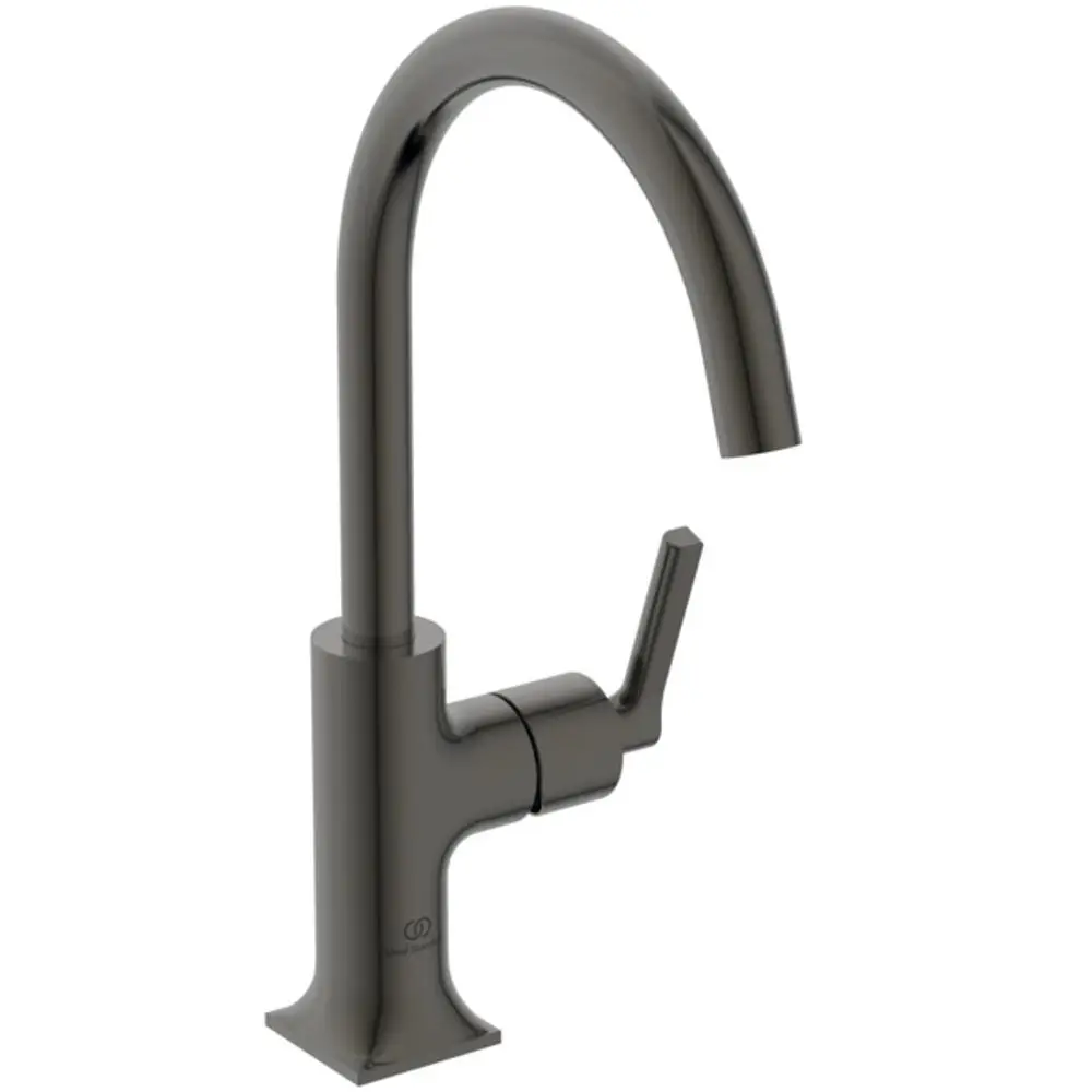 Waschtischarmatur in Magnetic Grey von Ideal Standard mit langen Hebelgriffen und geschwungener Auslaufform.